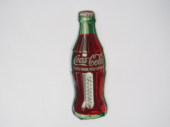 1950s Coca-Cola die-cut tin bottle-shaped thermometer.