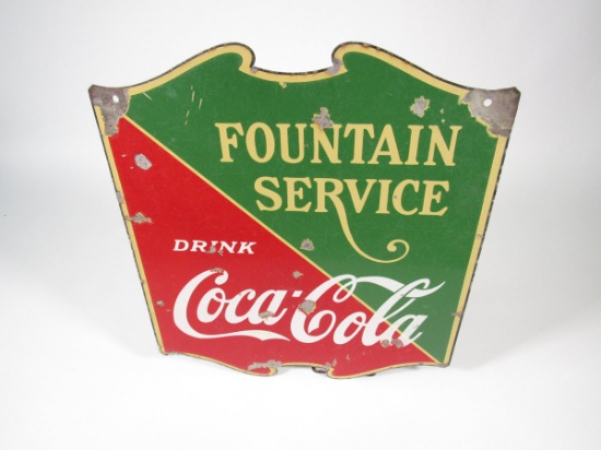 1930s Drink Coca-Cola Fountain Service double-sided porcelain shield-shaped sign.