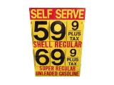 Large NOS 1960s Shell Oil single-sided tin service station fuel island price sign.