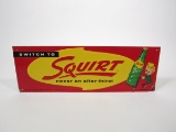 NOS 1958 Switch to Squirt Soda single-sided embossed tin sign with Squirt boy logo.