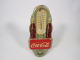 Desirable 1941 Coca-Cola double-bottle die-cut tin thermometer.