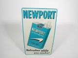 NOS 1960s New Port Cigarettes single-sided die-cut tin sign with cigarette pack graphics