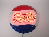 Nifty newer diner Pepsi-Cola reproduction tin bottle cap shaped neon sign.