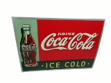Striking NOS 1937 Drink Coca-Cola Ice Cold tin sign featuring Christmas Bottle graphic.