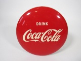 Very clean NOS 1950s Drink Coca-Cola single-sided three-dimensional die-cut tin button sign.