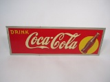 Sharp 1940s Drink Coca-Cola single-sided embossed tin sign with bottle/sunburst artwork.