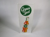 Wonderful NOS 1950s Green Spot Orange Soda single-sided embossed tin sign with bottle graphic.