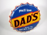 NOS 1950s Dad's Root Beer single-sided die-cut tin three-dimensional bottle-cap shaped sign.