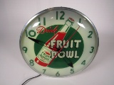 Scarce late 1940s-early 50s Drink Fruit Bowl Soda glass-faced light-up diner clock with bottle logo.