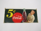 1950 Drink Coca-Cola 5-cents trolley poster with kid/bottle graphics. Nice colors.