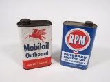 Lot of two 1950s Outboard Motor Oil tins for RPM and Mobil.