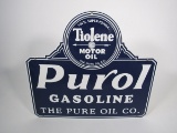 Reproduction - Good-looking Purol Gasoline - Tiolene Motor Oil single-sided die-cut porcelain sign.