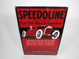 Reproduction - Speedoline single-sided porcelain sign with period grand prix racer artwork.