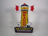 Reproduction - Colorful Beacon Security Gasoline single-sided die-cut porcelain sign.