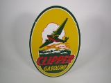 Reproduction - Clipper Gasoline single-sided porcelain sign with period aviation artwork.
