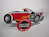 Reproduction - Wynn's Friction Proofing single-sided die-cut porcelain sign with hot rod graphic.