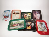 Lot of six large Coca-Cola reproduction serving trays and a reproduction Coca-Cola tin sign.