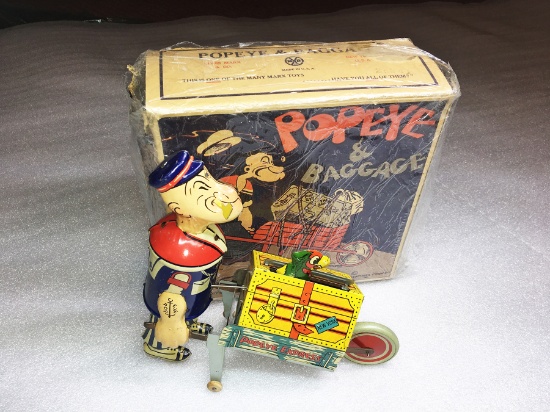 1930s Marx Toy Company Popeye Express key-wind tin litho walking toy with original box.