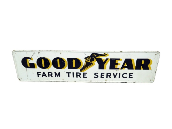 Neat 1950s Goodyear Farm Tire Service single-sided tin garage sign with Goodyear winged-foot logo.