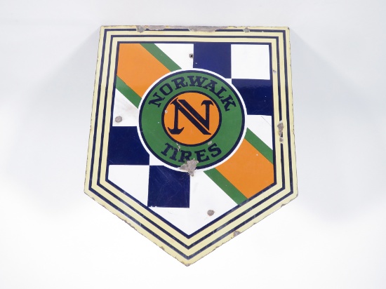 Very unusual circa 1920s-30s Norwalk Tires double-sided porcelain shield-shaped sign.