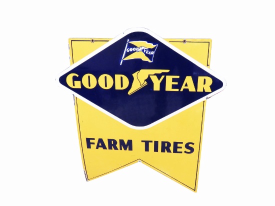 Vibrant circa 1940s-50s Goodyear Farm Tires double-sided die=cut porcelain garage sign