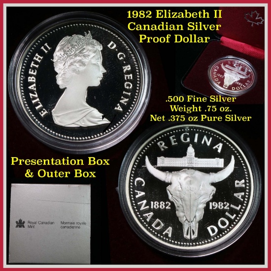 1982 Regina Centennial Proof Canadian Silver Dollar $1 in orig box