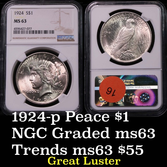 NGC 1924-p Peace Dollar $1 Graded ms63 by NGC