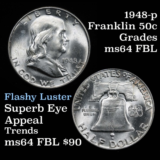 1948-p Franklin Half Dollar 50c Grades Choice Unc FBL