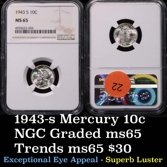 NGC 1943-s Mercury Dime 10c Graded ms65 by NGC
