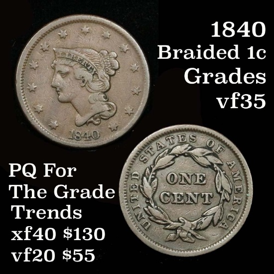 1840 Braided Hair Large Cent 1c Grades vf++