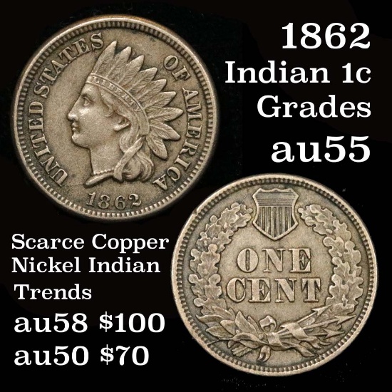 1862 Indian Cent 1c Grades Choice AU