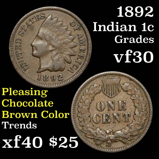 1892 Indian Cent 1c Grades vf++