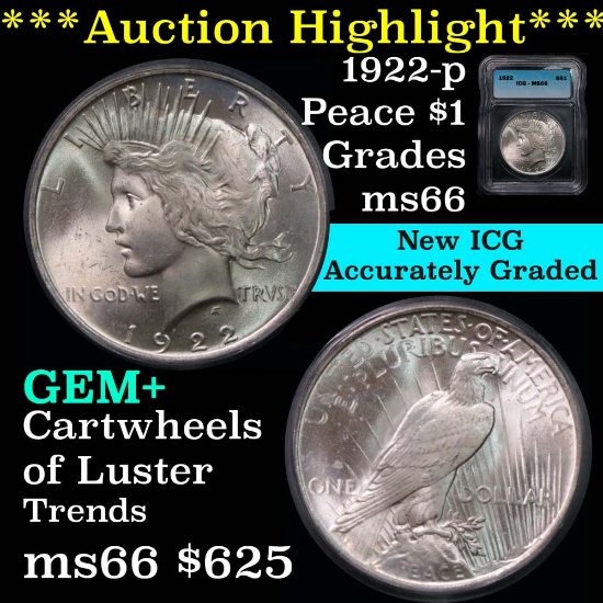 ***Auction Highlight*** 1922-p Peace Dollar $1 Graded ms66 by ICG (fc)