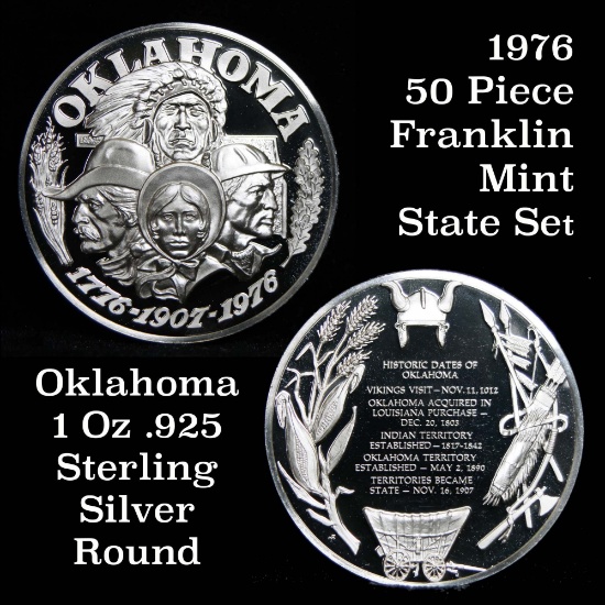 1976 Franklin Mint .925 Fine Sterling Silver Proof Round Oklahoma 1 oz. Pure Silver