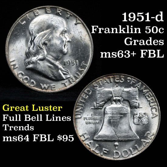 1951-d Franklin Half Dollar 50c Grades Select Unc+ FBL