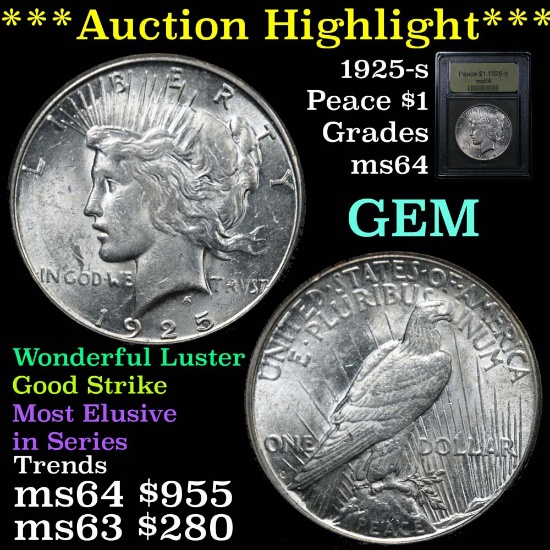 ***Auction Highlight*** 1925-s Peace Dollar $1 Graded Choice Unc by USCG (fc)