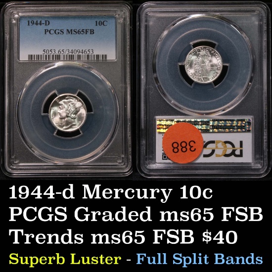 PCGS 1944-d Mercury Dime 10c Graded ms65 FSB by PCGS