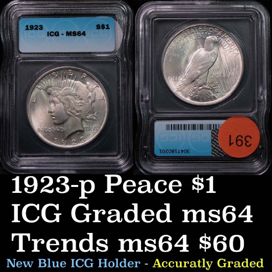 1923-p Peace Dollar $1 Graded ms64 by ICG
