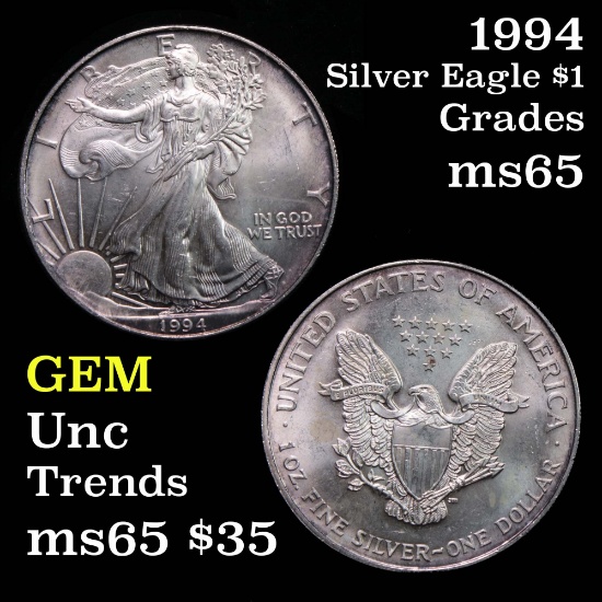 1994 Silver Eagle Dollar $1 Grades GEM Unc