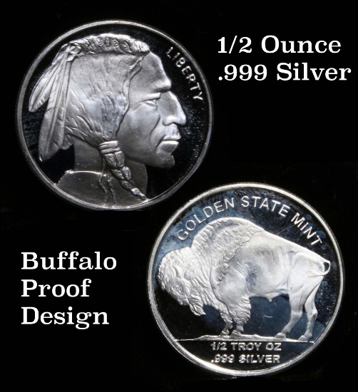 Proof Buffalo nickel replica Golden State Mint 1/2 ounce .999 fine silver