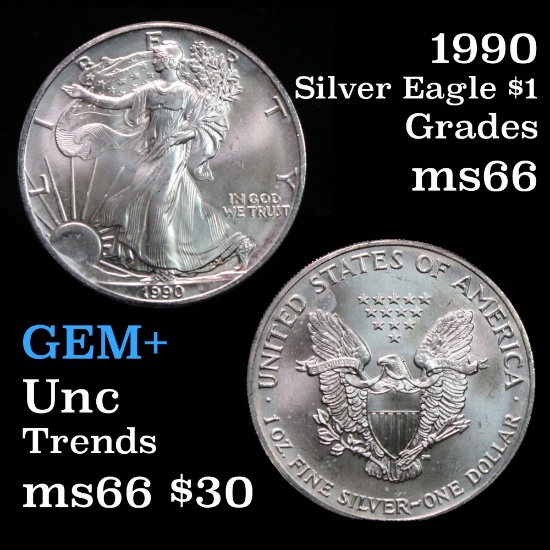1990 Silver Eagle Dollar $1 Grades GEM+ Unc