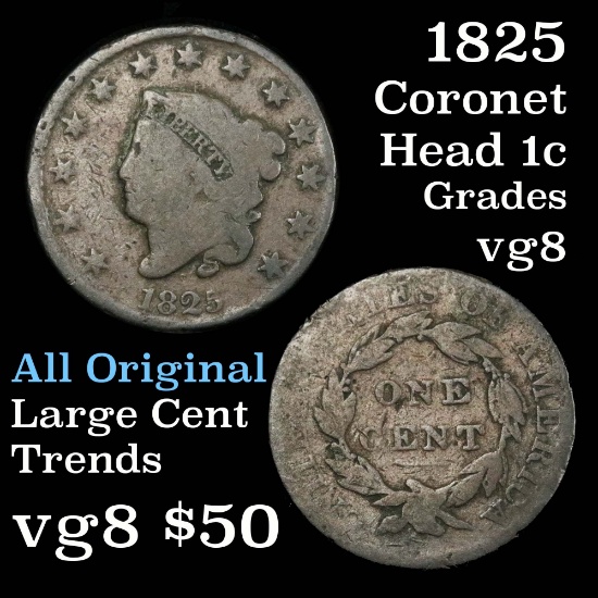 1825 Coronet Head Large Cent 1c Grades vg, very good