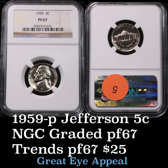 NGC 1959-p Jefferson Nickel 5c Graded pf67 by NGC