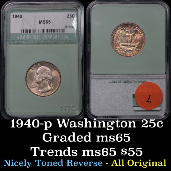 1940-p Washington Quarter 25c Graded GEM Unc by NTC
