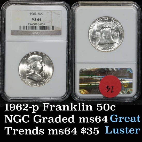 NGC 1962-p Franklin Half Dollar 50c Graded ms64 by NGC