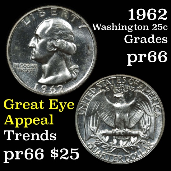 1962 Washington Quarter 25c Grades GEM+ Proof