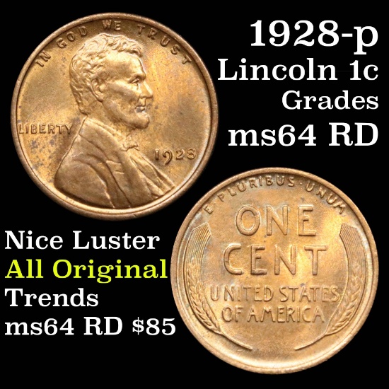 1928-p Lincoln Cent 1c Grades Choice Unc RD