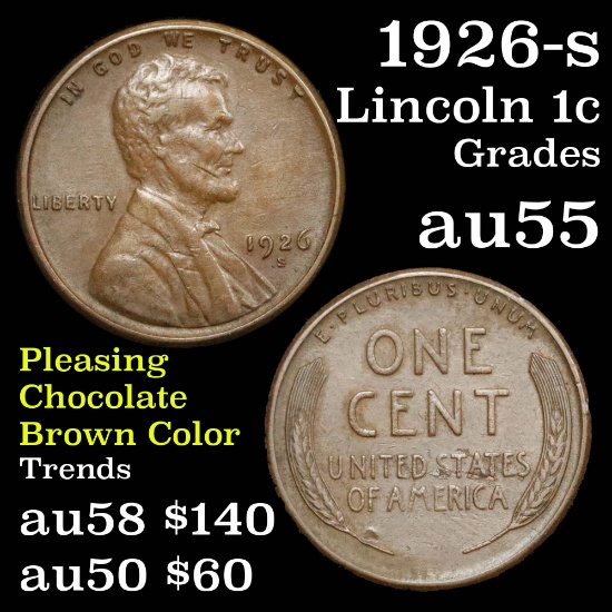 1926-s Lincoln Cent 1c Grades Choice AU