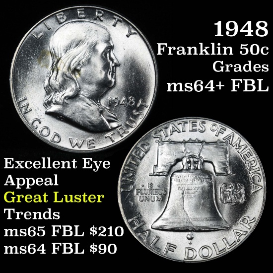 1948-p Franklin Half Dollar 50c Grades Choice Unc+ FBL (fc)