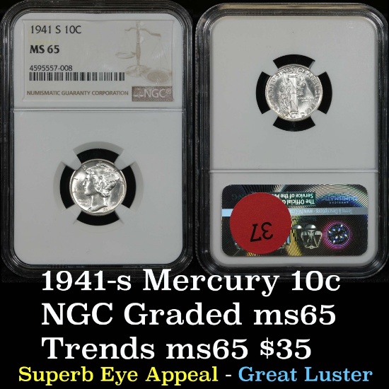 NGC 1941-s Mercury Dime 10c Graded ms65 by NGC